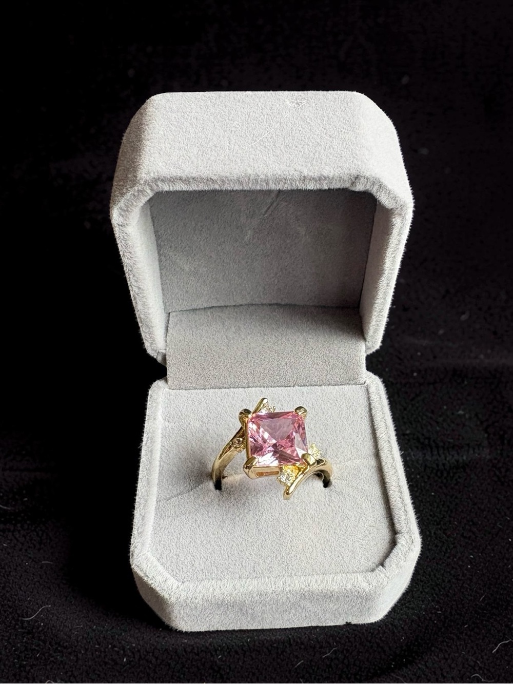 Gold Ring with Square Pink Crystal - Elegant - Picture 2 of 5
